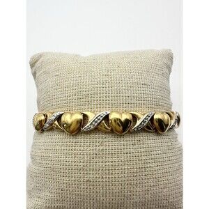 925 Sterling Silver 18k Gold Vermeil Genuine Diamond Heart Tennis Bracelet 7.25”